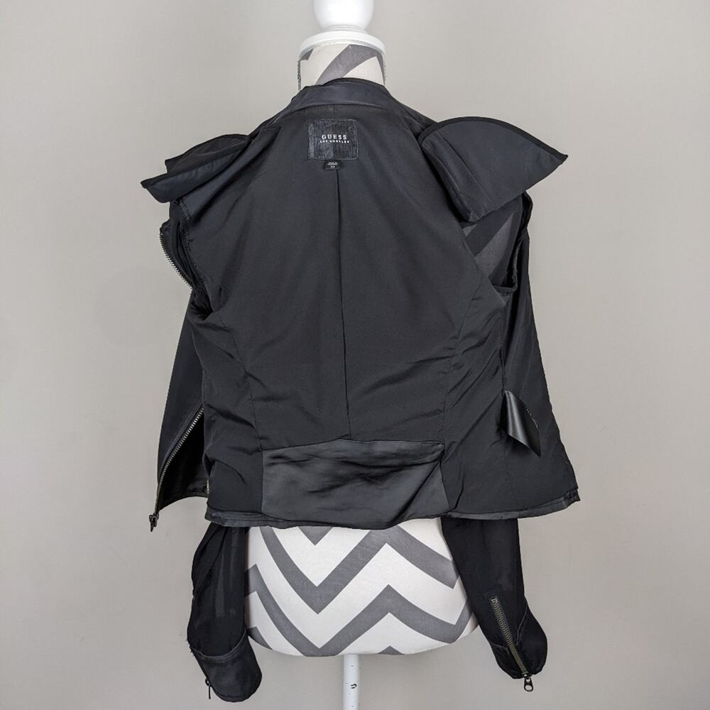 GUESS Satin Cropped Moto Jacket Sheer Sleeve Black XS Y2K - Picture 8 of 16